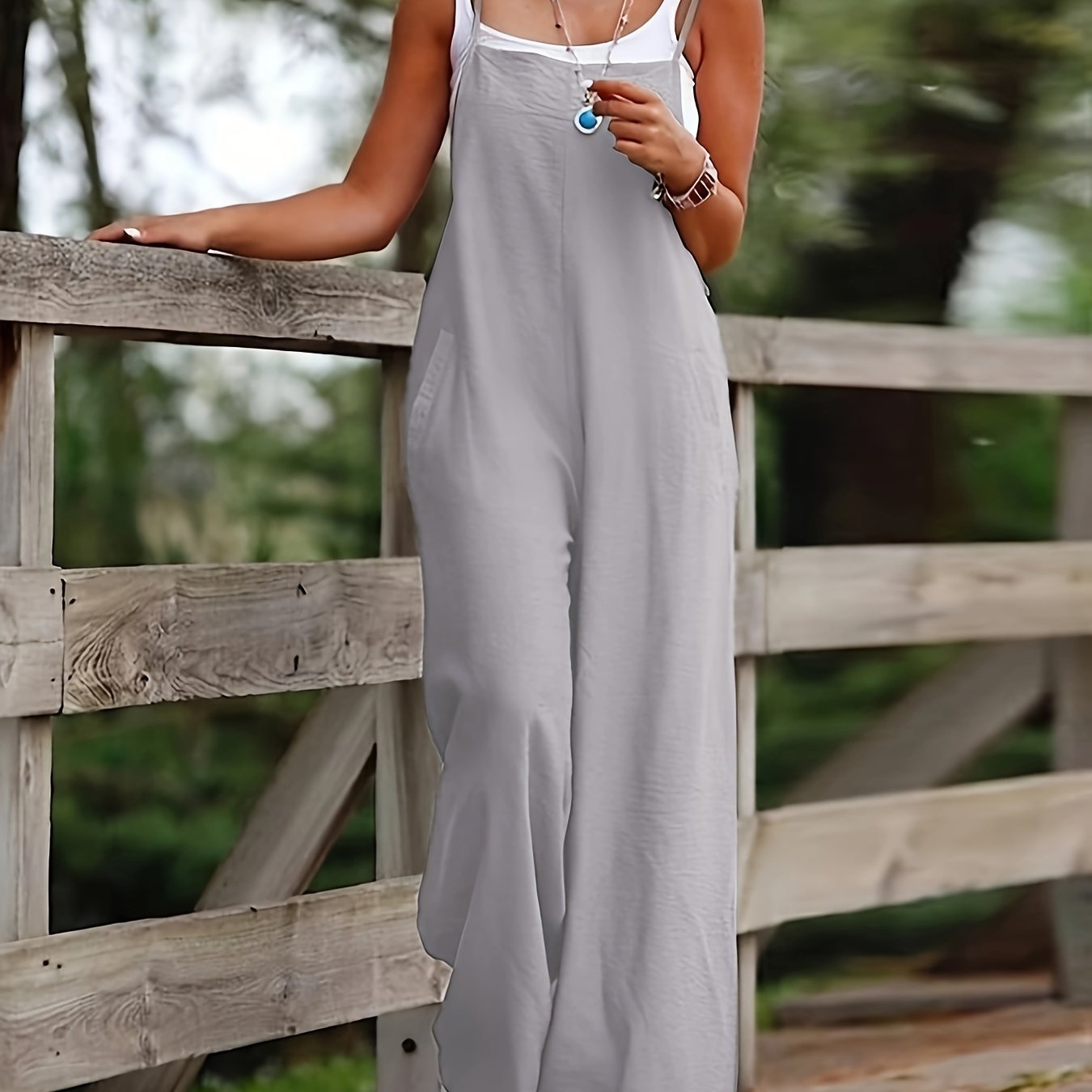Women's Wide Leg Dungaree Jumpsuit with Adjustable Straps and Pockets - Silvery Grey