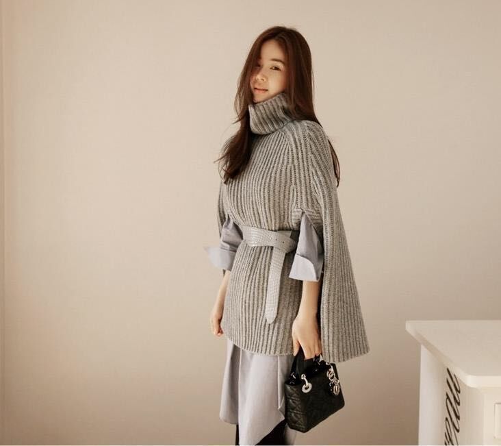 Women's Cape Turtleneck Jumper with Split Sleeves - Grey