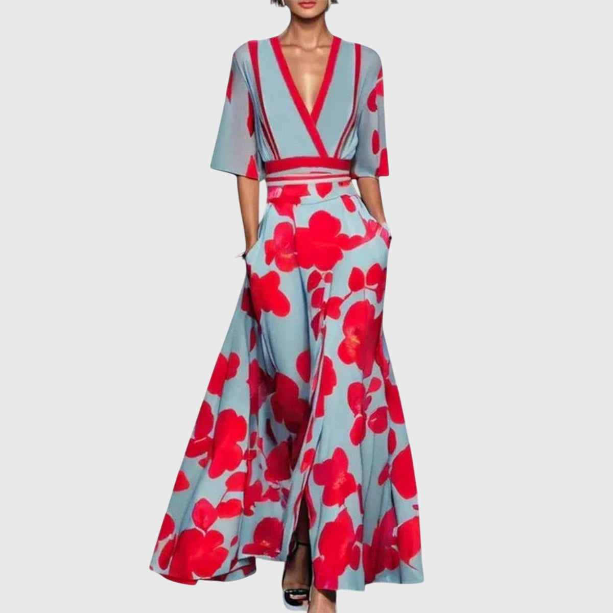 Women's Wrap Dress with V-Neck and Three-Quarter Sleeves - Blue Red