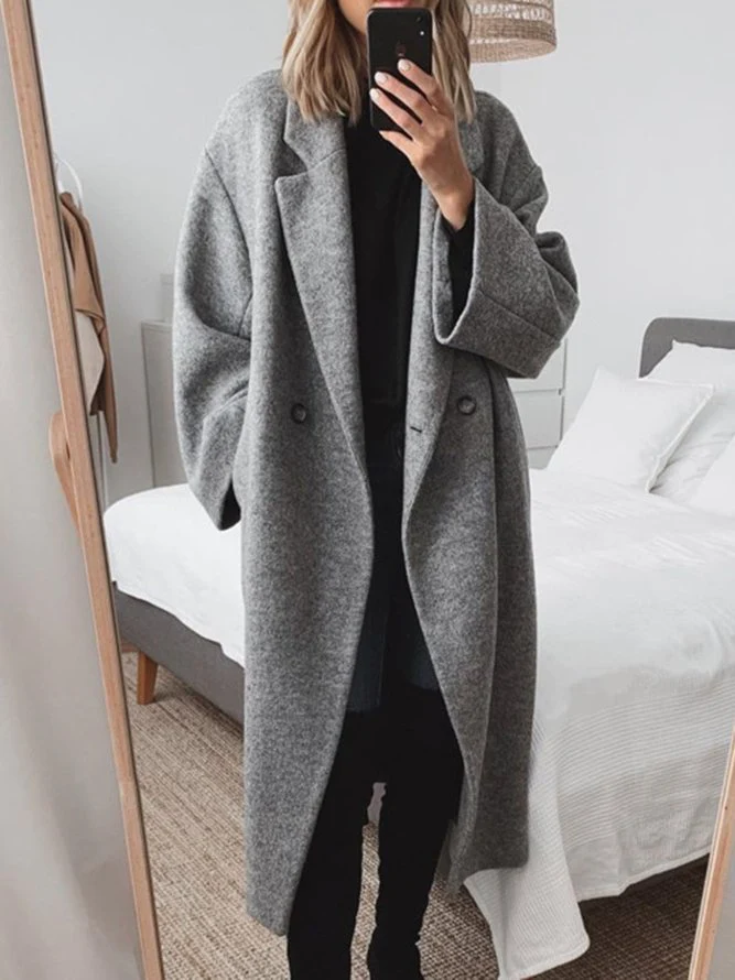 Women's Long Tailored Overcoat with Notched Lapel and Double-Breasted Front - Grey