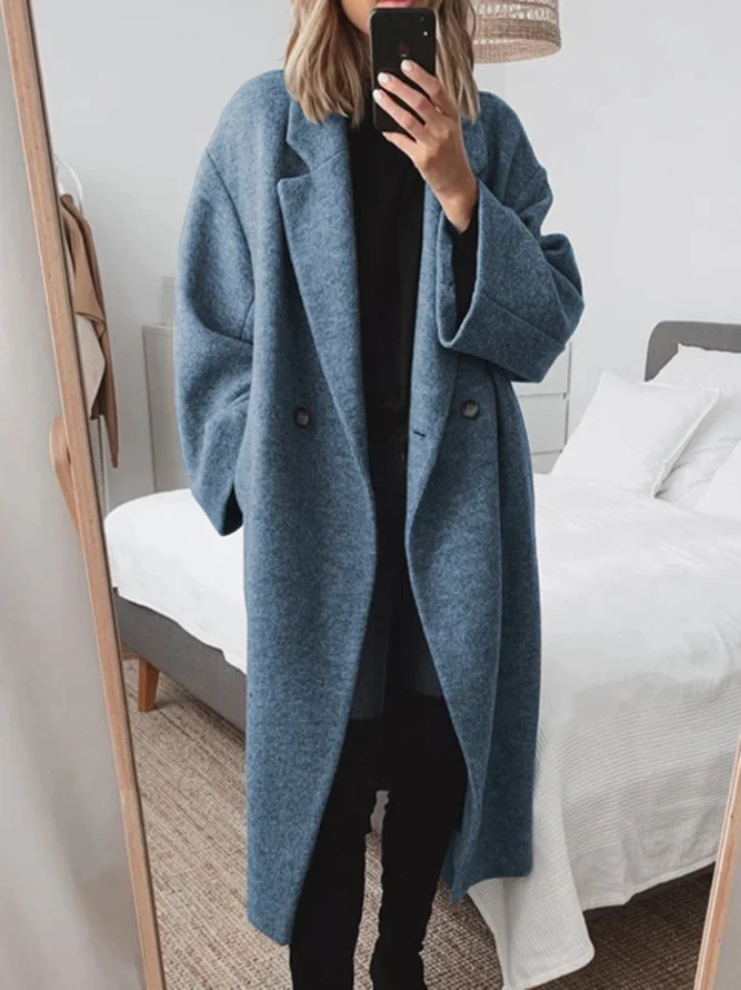 Women's Long Tailored Overcoat with Notched Lapel and Double-Breasted Front - Blue