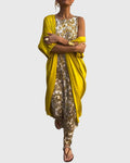 Women's Two-Piece Set with Printed Dress and Open-Front Jumper - Yellow