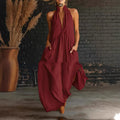 Women's Halter Neck Maxi Dress with Button Front and Relaxed Silhouette - Red