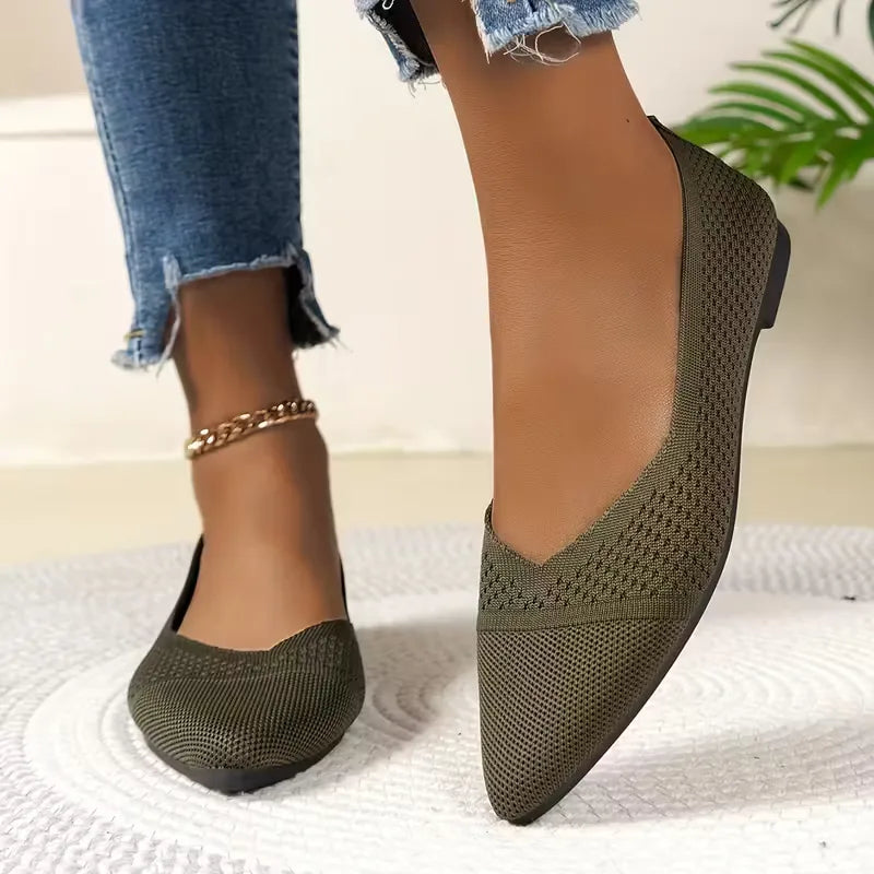 Women's Pointed Toe Knit Ballet Flats - Olive Green