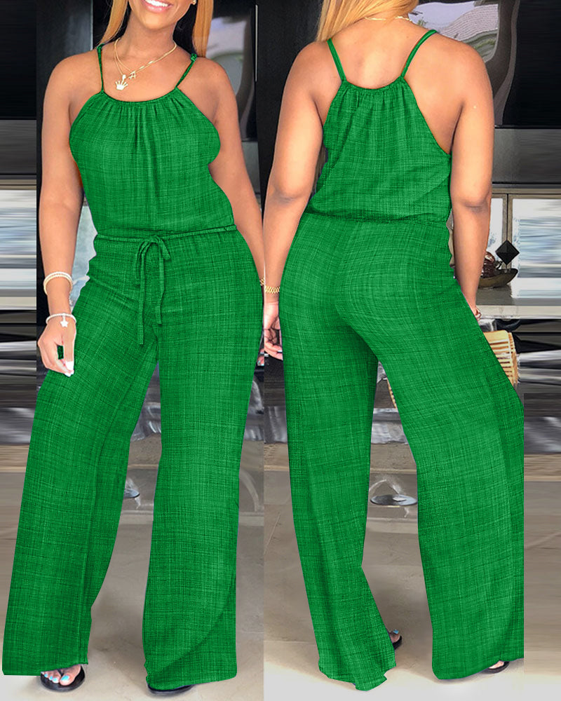 Women's Spaghetti Strap Jumpsuit with Tied Waist and Wide Leg - Green