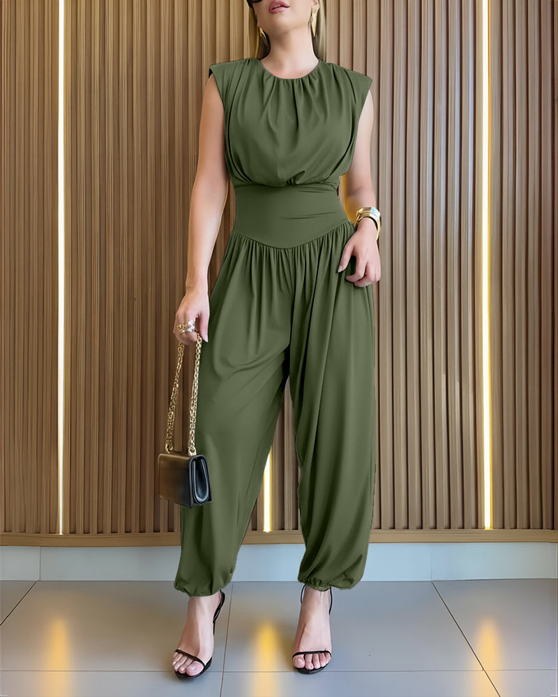 Women's Jumpsuit Sleeveless with Padded Shoulders and Cinched Waist - Army Green