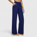 Women's Wide-Leg Trousers with Elasticated Waistband and Side Pockets - Blue