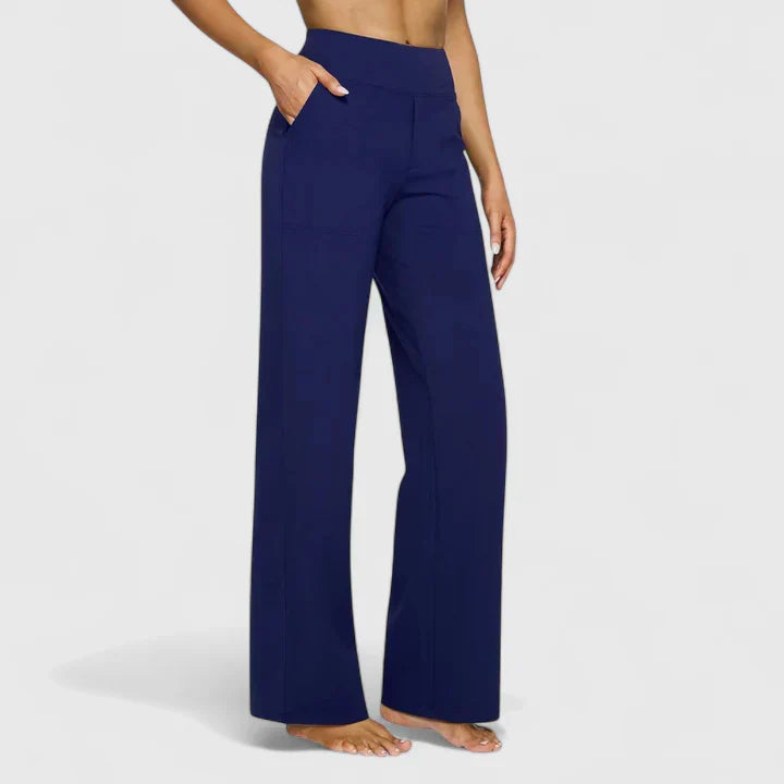 Women's Trousers Straight Leg with Elasticated Waist and Pockets - Blue