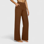 Women's Wide-Leg Trousers with Elasticated Waistband and Side Pockets - Brown