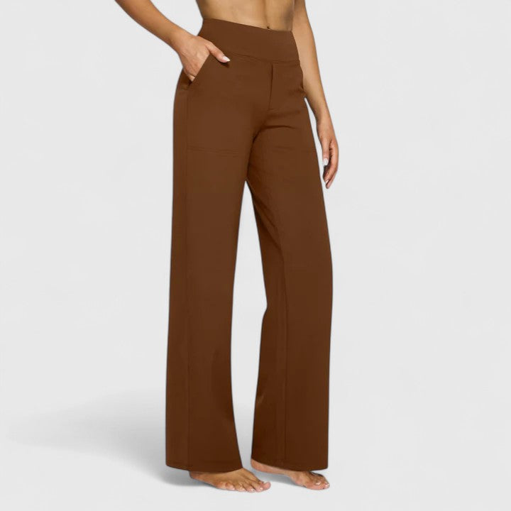 Women's Wide-Leg Trousers with Elasticated Waistband and Side Pockets - Brown
