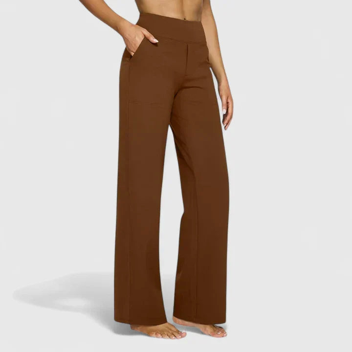 Women's Wide-Leg Trousers with High Waist and Side Pockets - Brown