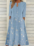 Women's Two Piece Midi Dress with Half Sleeves and Floral Print - Blue