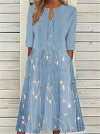 Women's Two Piece Midi Dress with Half Sleeves and Floral Print - Blue