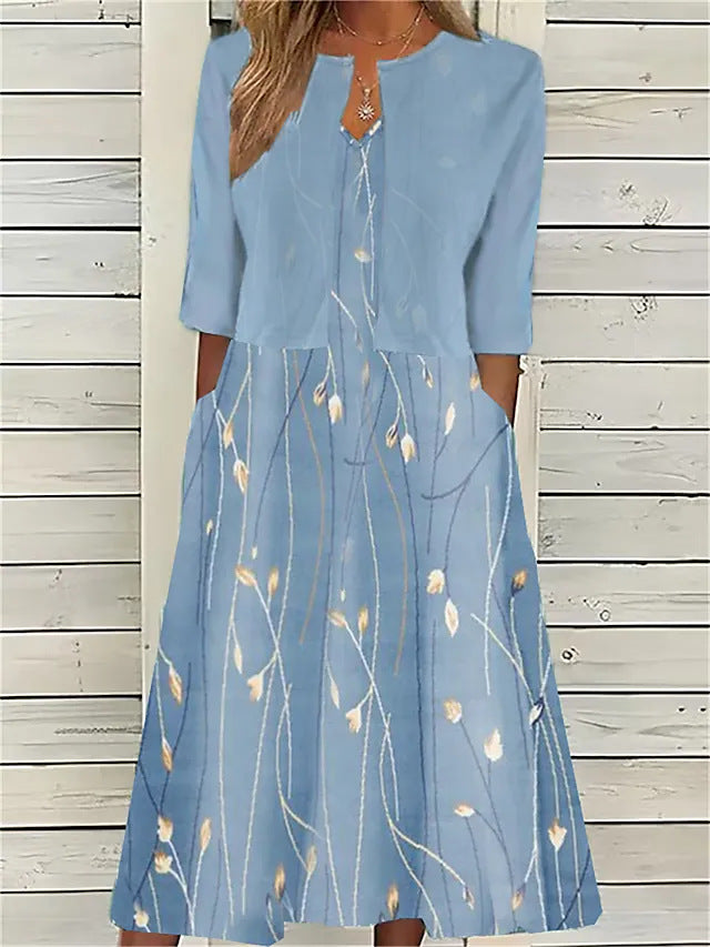 Women's Two Piece Midi Dress with Half Sleeves and Floral Print - Blue