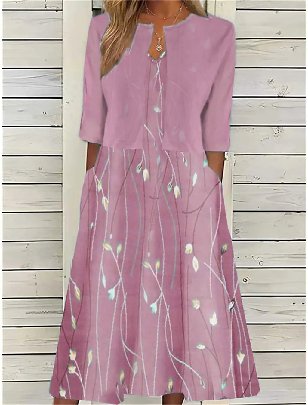 Women's Two Piece Midi Dress with Half Sleeves and Floral Print - Pink