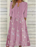 Women's Two Piece Midi Dress with Half Sleeves and Floral Print - Pink