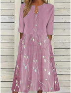 Women's Two Piece Midi Dress with Half Sleeves and Floral Print - Pink