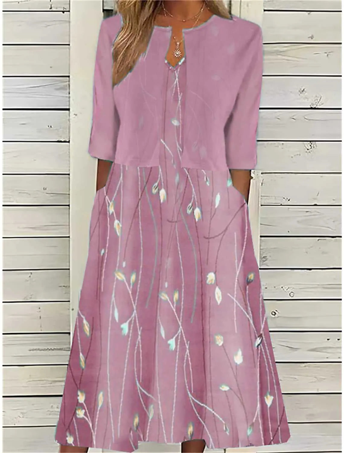 Women's Two Piece Midi Dress with Half Sleeves and Floral Print - Pink