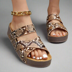 Women's Wedge Sandals with Woven Crossover Straps - Snake print