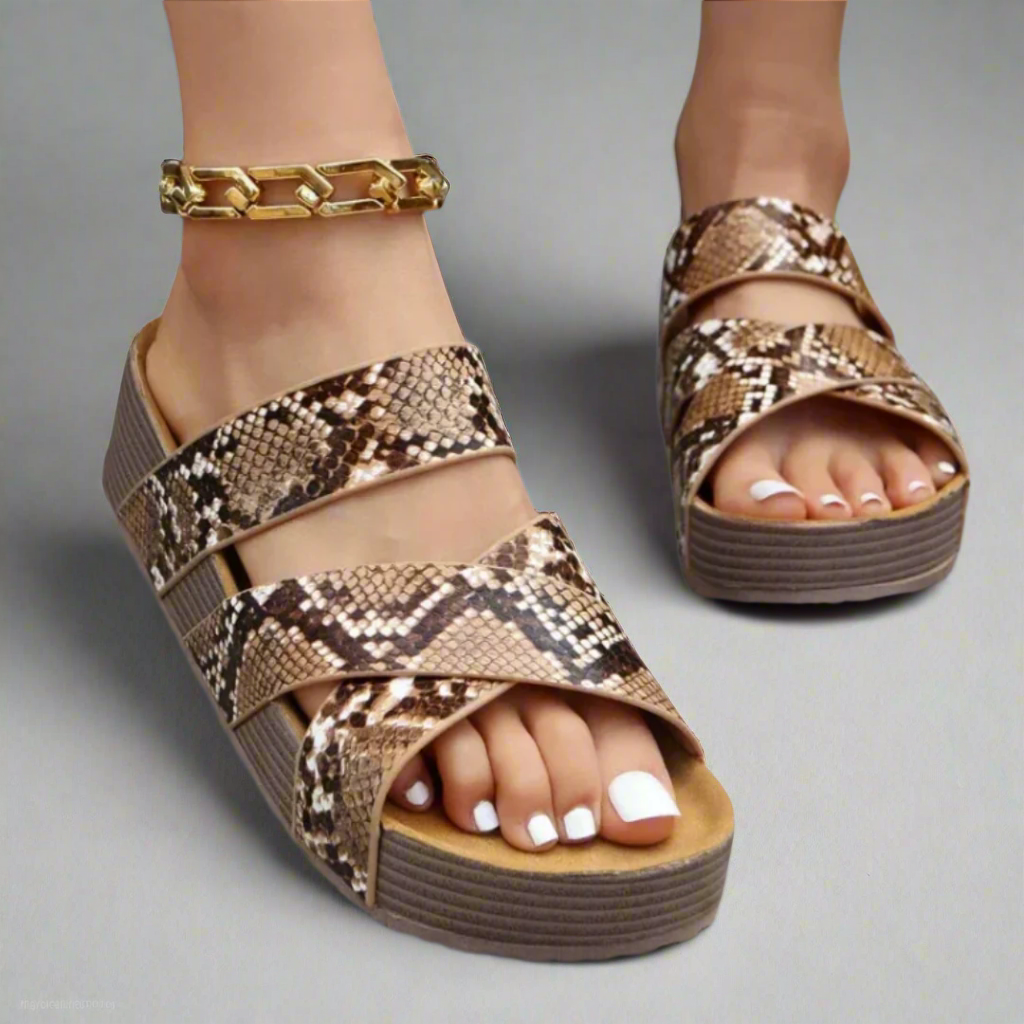 Women's Wedge Sandals with Woven Crossover Straps - Snake print