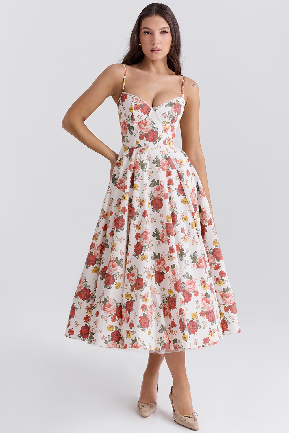 Women's Corset Midi Dress with A-Line Skirt and Sweetheart Neckline - Flower White