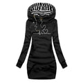 Women's Hoodie with Heartbeat Print and Striped Hood Lining - Black