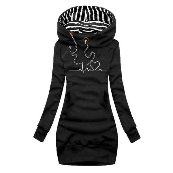 Women's Hoodie with Heartbeat Print and Striped Hood Lining - Black