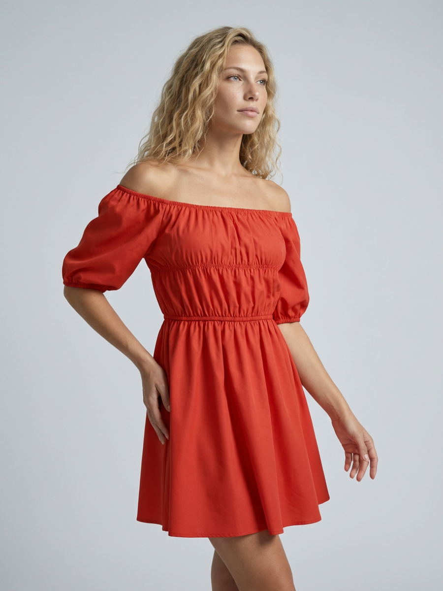 Women's Off-Shoulder Mini Dress with Puff Sleeves and A-Line Silhouette - 3