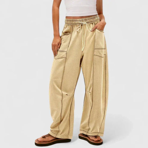 Women's Trousers with Elasticated Drawstring Waist and Baggy Leg - Khaki