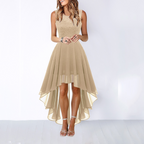 Women's Sleeveless High-Low Dress with Lace Bodice and A-Line Skirt - Gold