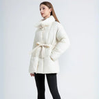 Women's Padded Coat with Belted Waist and Wide Collar - 3