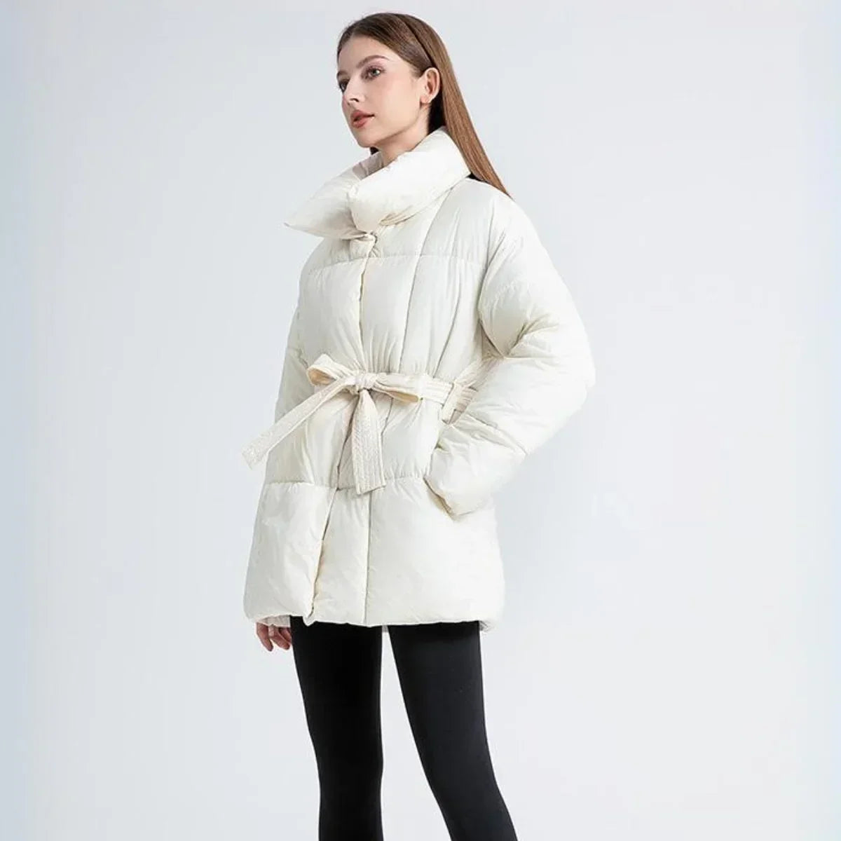 Women's Padded Coat with Belted Waist and Wide Collar - 3