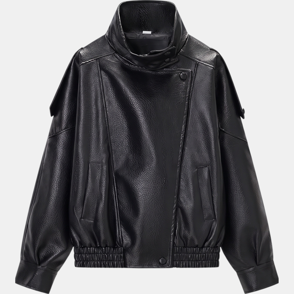 Women's Pebbled Faux Leather Bomber Jacket Oversized Stand Collar - 13