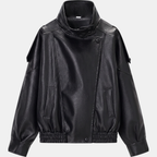 Women's Pebbled Faux Leather Bomber Jacket Oversized Stand Collar - 13