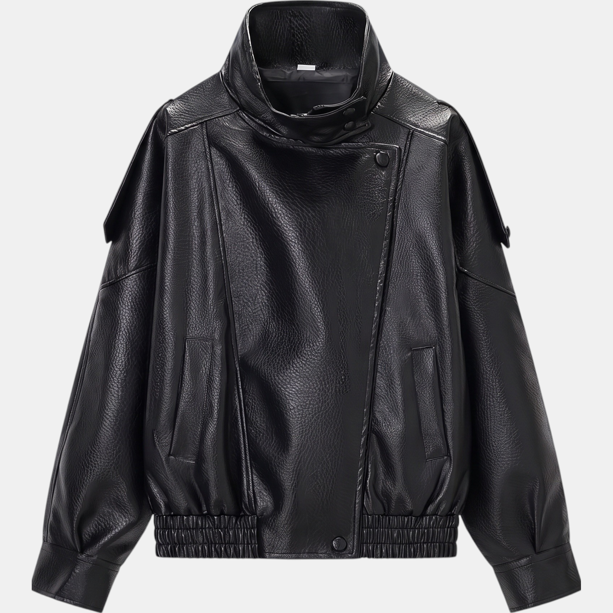 Women's Pebbled Faux Leather Bomber Jacket Oversized Stand Collar - 13