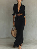 Women's Maxi Shirt Dress with Belt and Long Sleeves - Black