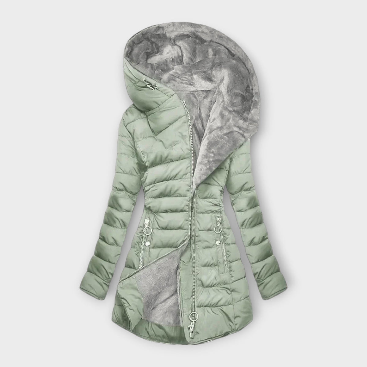 Women's Padded Jacket with Hood and Zip Pockets - Light Green