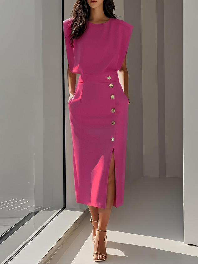 Women's Bodycon Midi Dress Sleeveless with Button Detail and Side Slit - Bright Pink