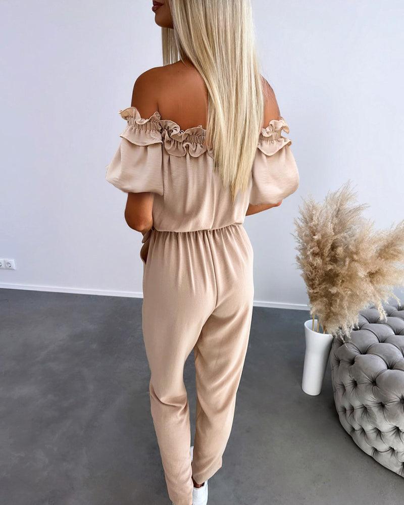 Women's Off-Shoulder Jumpsuit with Frill Trim and Tie Waist - 3