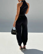 Women's Two-Piece Set Sleeveless High Neck Cargo Top and Cuffed Trousers - 12