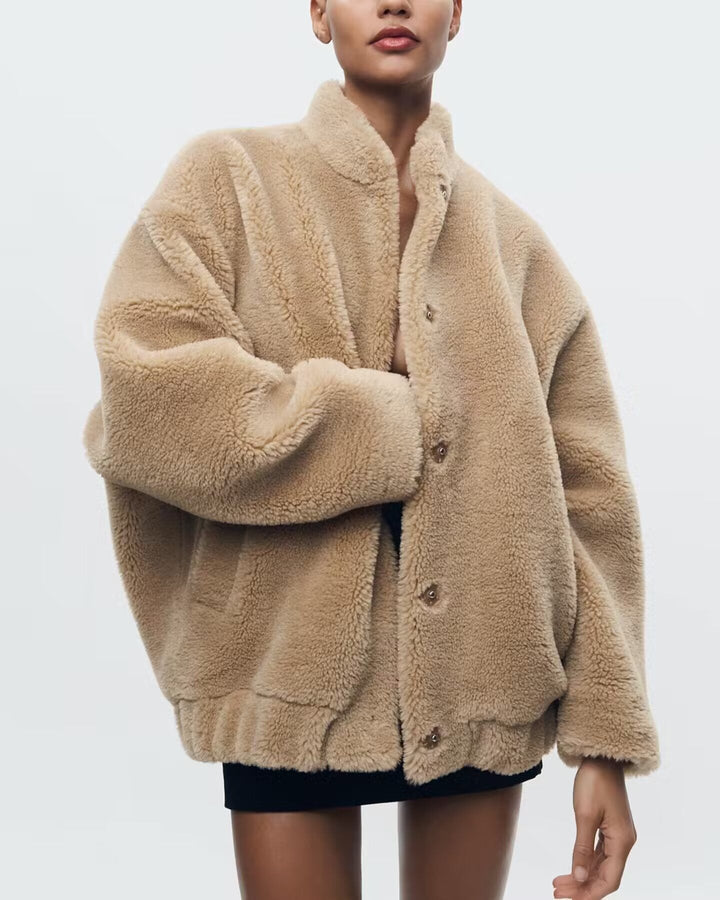 Women's Oversized Teddy Jacket with Button Closure - Beige