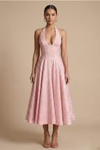 Women's Halter Corset Midi Dress with V-Neck and A-Line Skirt - Pink