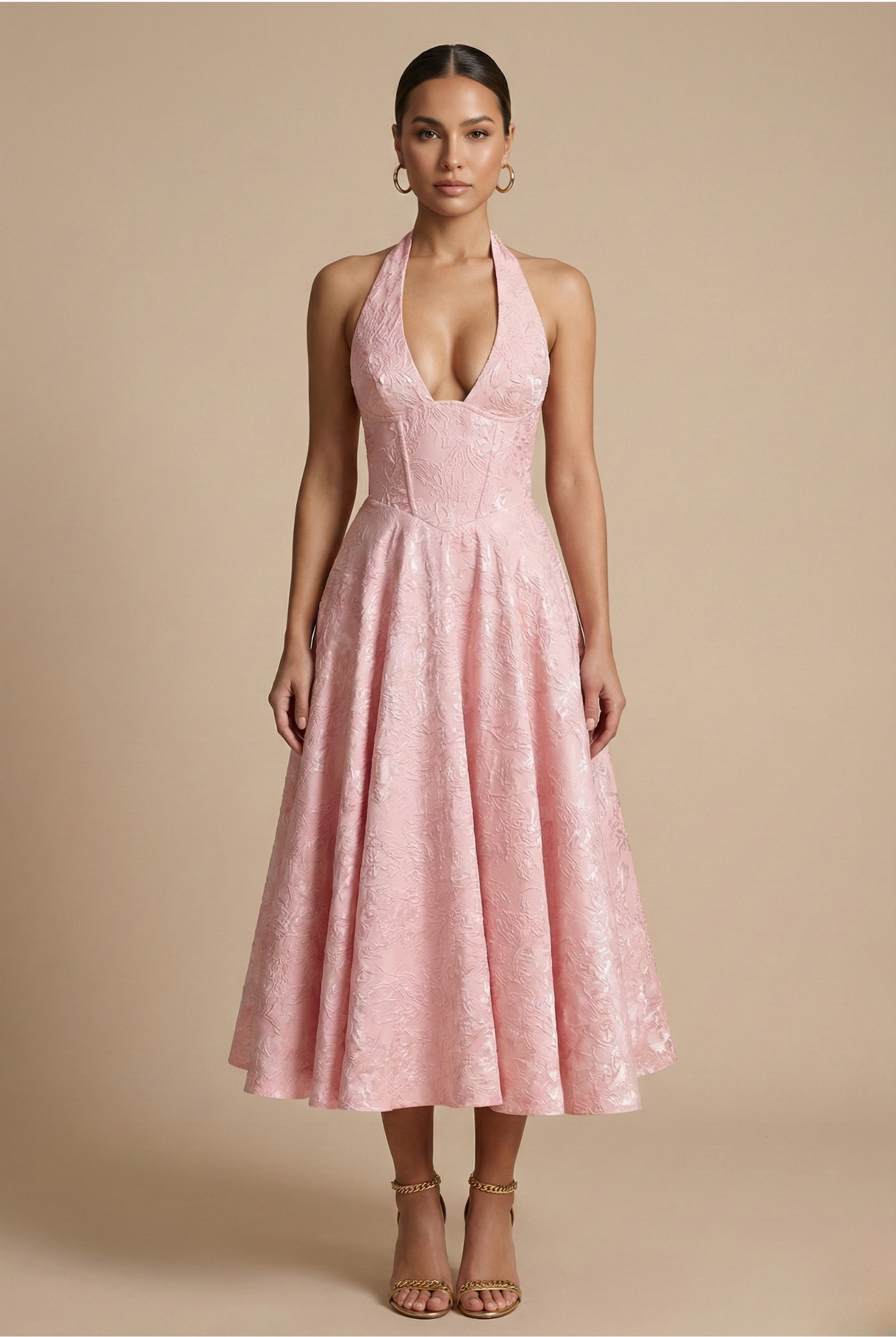 Women's Halter Corset Midi Dress with V-Neck and A-Line Skirt - Pink