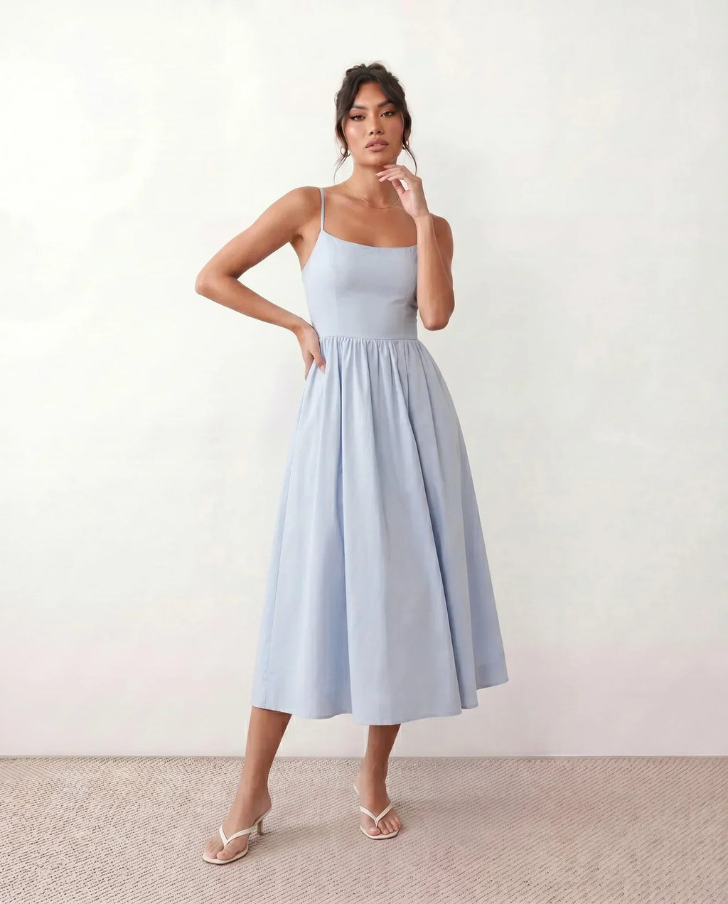 Women's Midi Dress Sleeveless with Low Open Back and A-Line Skirt - 14