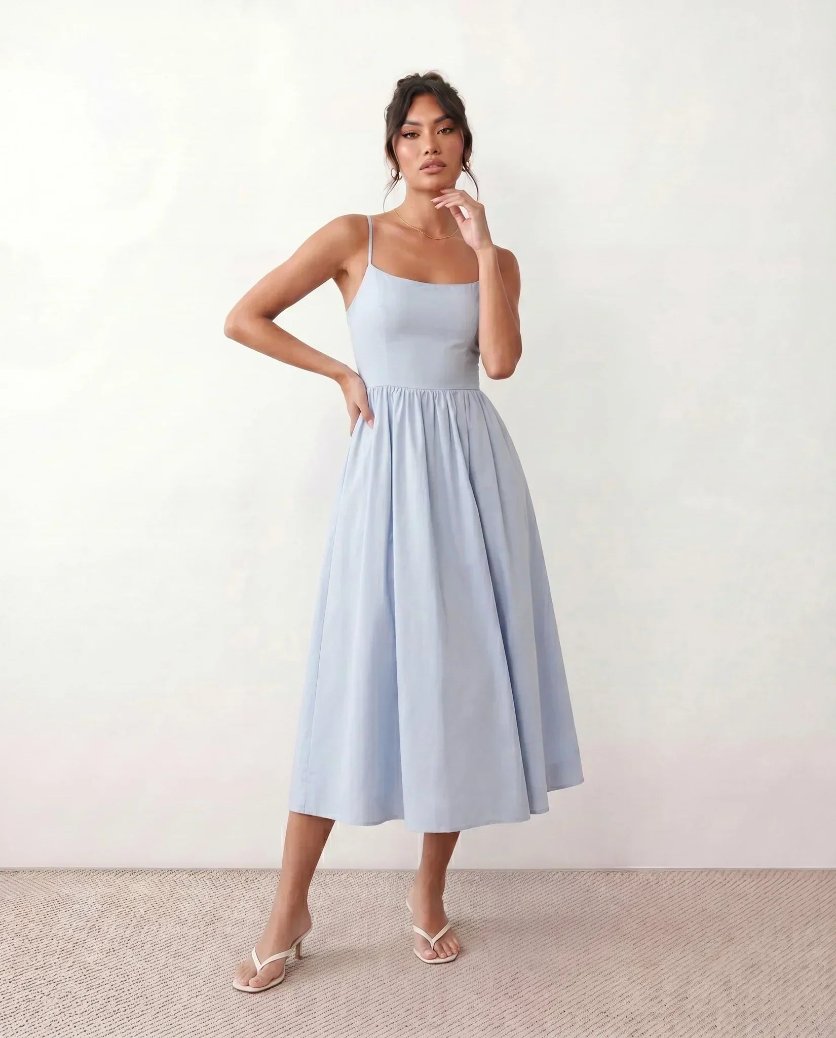 Women's Midi Dress Sleeveless with Low Open Back and A-Line Skirt - 14