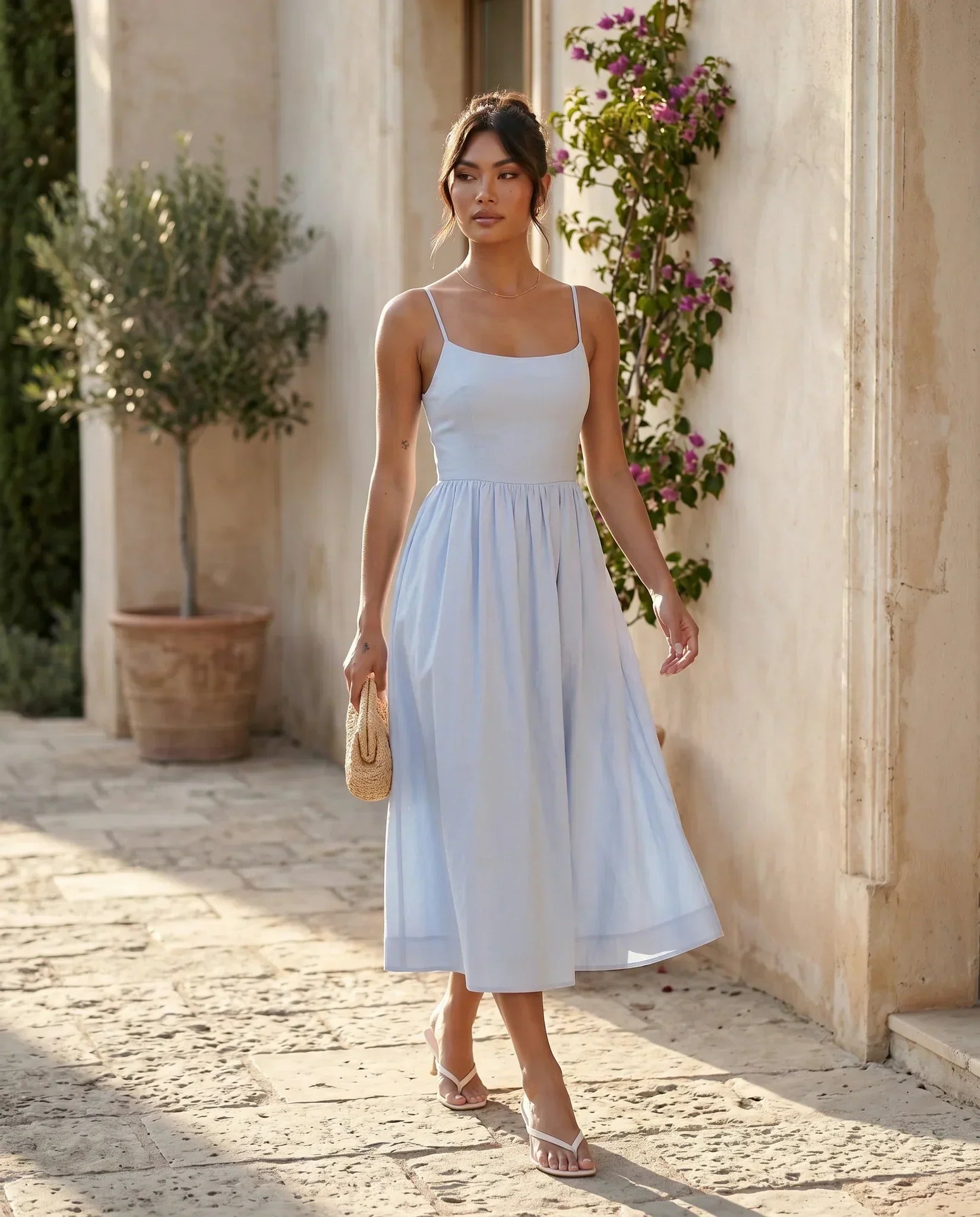 Women's Midi Dress Sleeveless with Low Open Back and A-Line Skirt - 15