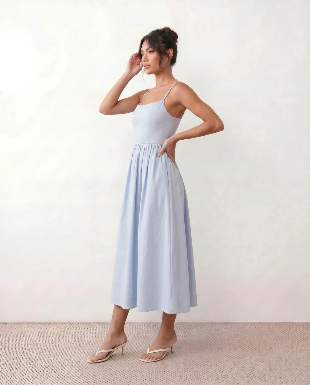 Women's Midi Dress Sleeveless with Low Open Back and A-Line Skirt - 13
