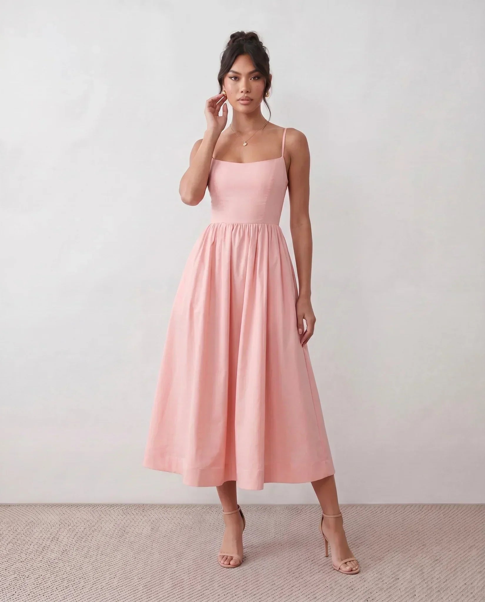 Women's Midi Dress Sleeveless with Low Open Back and A-Line Skirt - 4