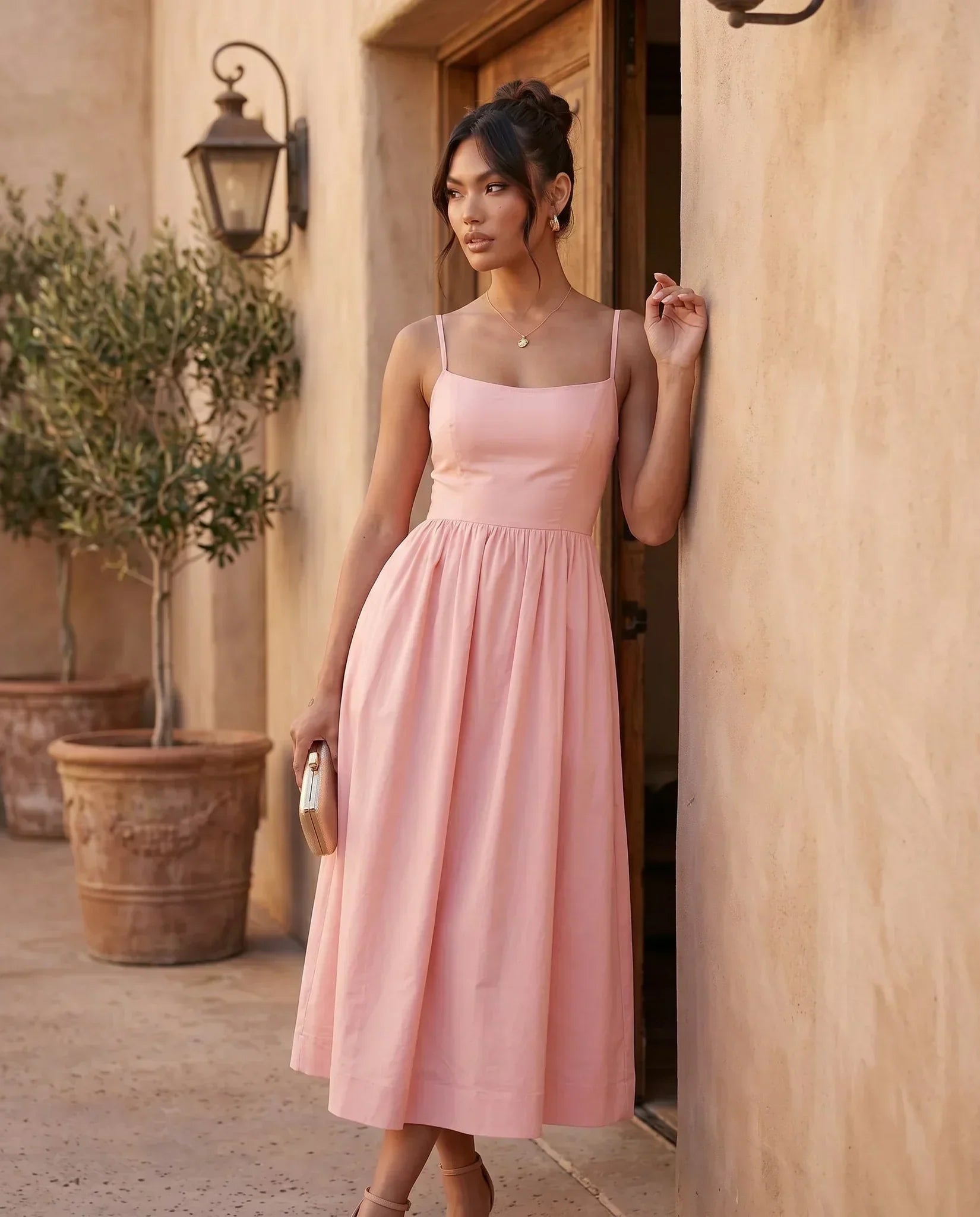 Women's Midi Dress Sleeveless with Low Open Back and A-Line Skirt - 8