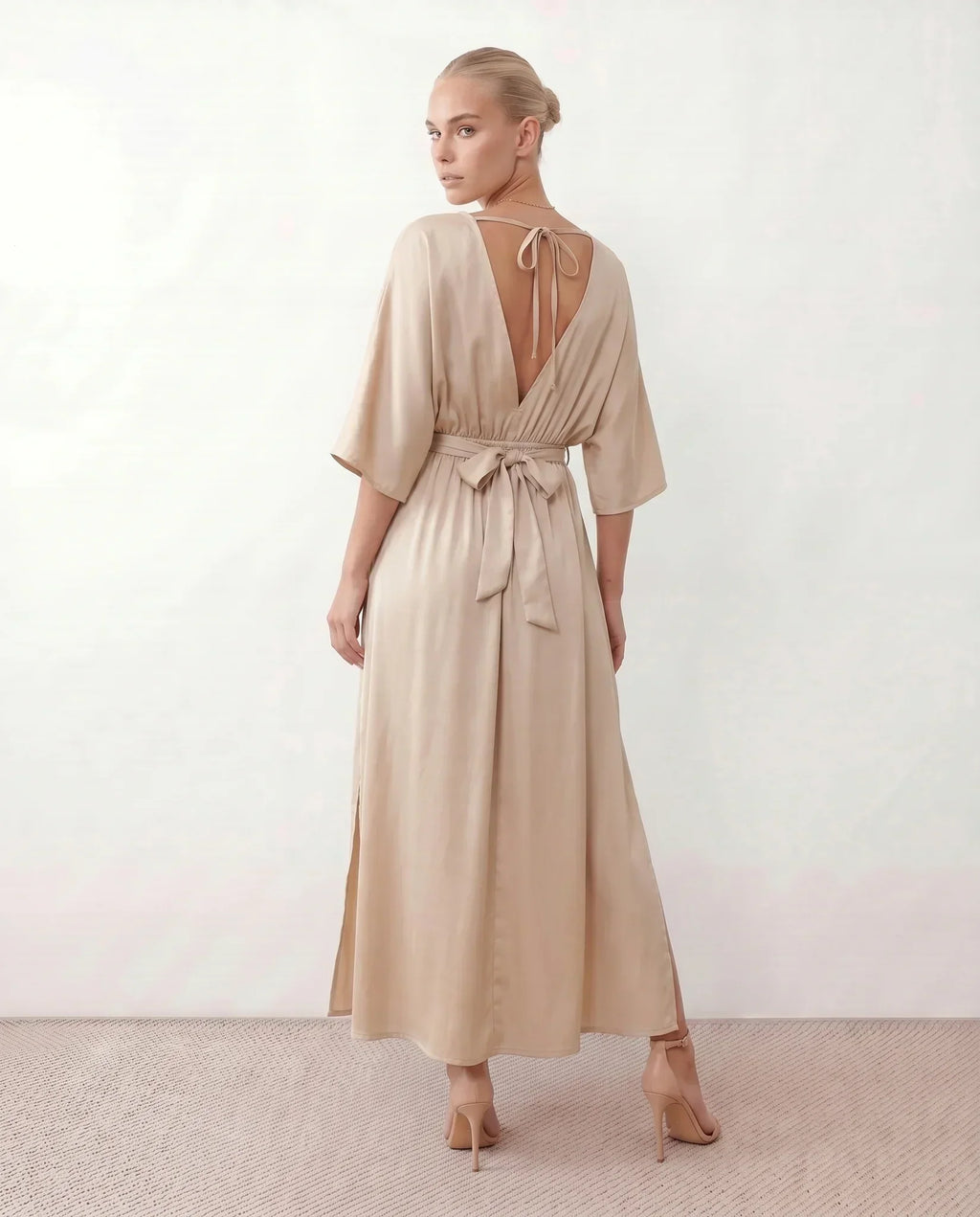 Women's Maxi Dress with Open Back and Tie-Back V-Neck - 4